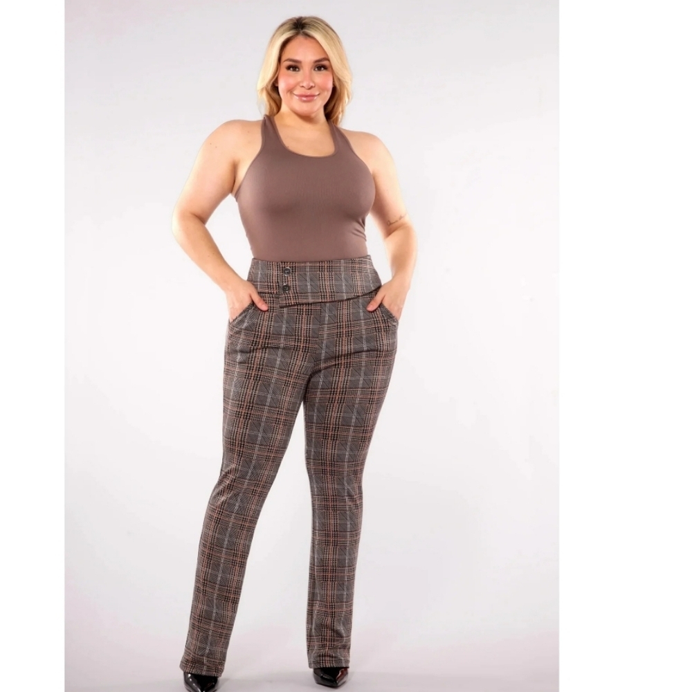 Women's Plus Size Asymmetrical Button Waist Flare Pants - Khaki,Brown Plaid 1X